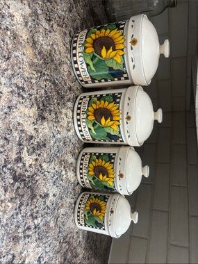 Sunflower Ceramic Canister Set - White & Yellow Floral Kitchen Storage